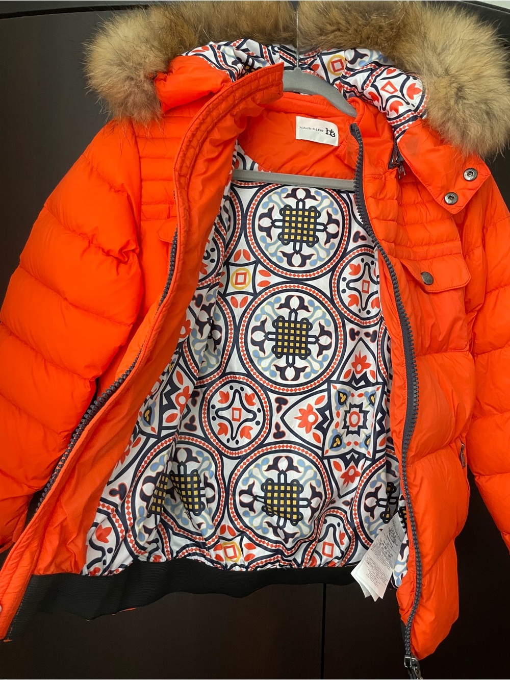 MonnaLisa Hitch hiker Orange Jacket with real fur collar Size 10-12 - Picture 5 of 8